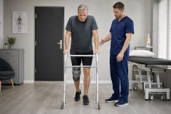Elderly man using walker during guided rehabilitation session with clinician in orthopedic clinic.