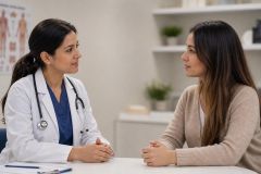 Doctor consulting with patient in clinic, calm professional setting discussing care or costs.