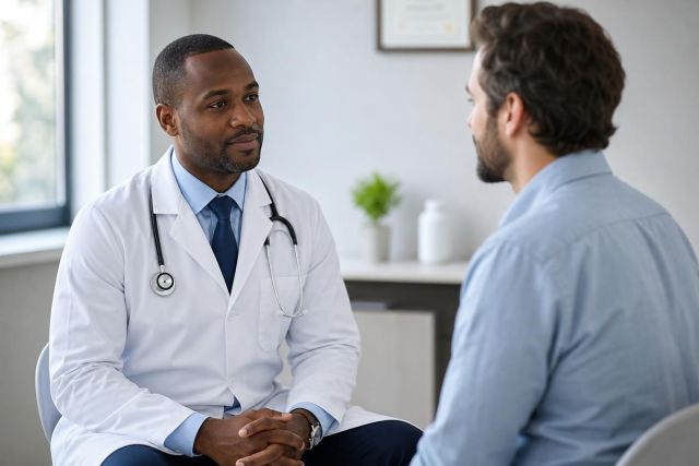 Doctor consulting with patient in bright clinic, discussing care and treatment options.