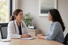 Doctor consulting with patient in an office, discussing care and treatment costs.