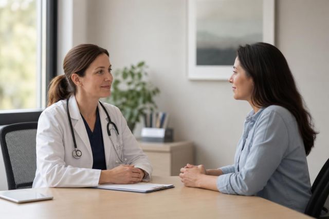 Doctor consulting with patient in an office, discussing care and treatment costs.