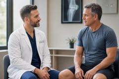 Orthopedic surgeon consulting a middle-aged male patient in clinic with knee X-ray behind.