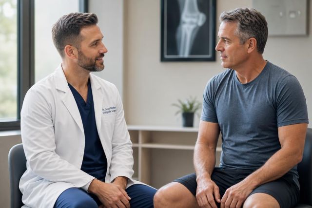 Orthopedic surgeon consulting a middle-aged male patient in clinic with knee X-ray behind.