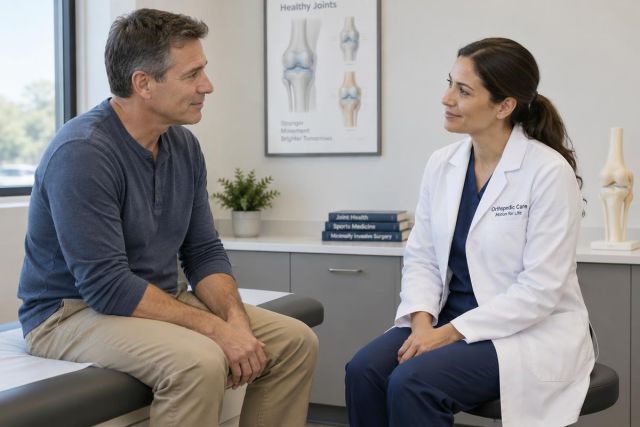 Orthopedic specialist consulting attentively with middle-aged male patient in exam room.