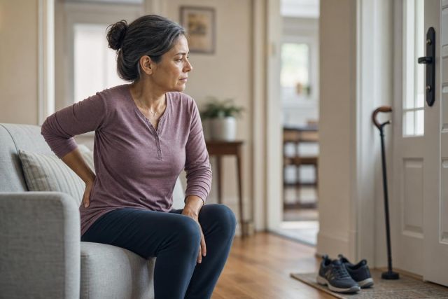 Middle-aged woman sitting on sofa holding lower back, suggesting concern about delayed medical treatment.