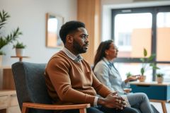 Two people sit and chat in a modern interior. One man is wearing a brown sweater, the other a doctor's coat. The wooden chairs and plants create a warm and inviting atmosphere, with the emphasis on relaxed interaction and comfort.