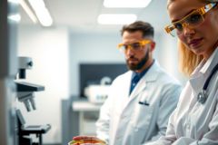 Scientists in lab coats examine petri dishes, likely conducting research. The image shows a close-up view within a bright, modern laboratory setting, with a focus on scientific analysis and experimentation.