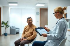 Doctor consults with a patient in a modern clinic setting. The doctor, wearing a white coat and stethoscope, reviews data on a tablet.  Healthcare, medical consultation, patient care, and wellness are evident in this scene.
