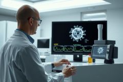 Lab technician in white coat analyzes data on monitors. Medical research, diagnostics, and scientific analysis in a modern laboratory setting. Focus on healthcare and technology.