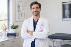 Orthopedic physician standing confidently in a bright clinic exam room with anatomical charts.