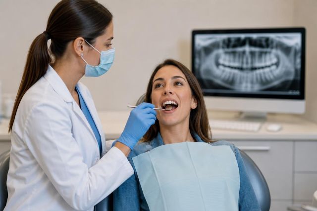 Dentist in mask examining patient with mouth mirror; dental X-ray visible on monitor.