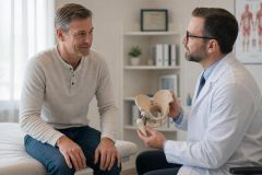 Orthopedic consultation: surgeon explains hip replacement using pelvic model to recovering patient in clinic.