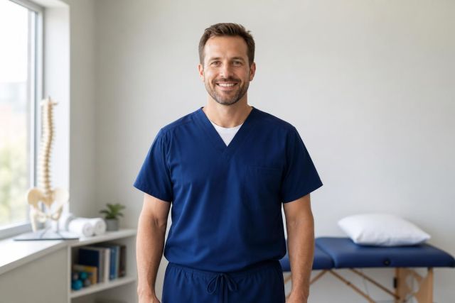 Smiling clinician in navy scrubs standing in orthopedic clinic with treatment table and spine model.