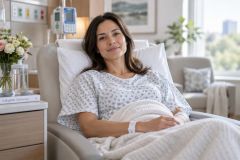 Patient resting in a comfortable recovery chair in a bright hospital room.