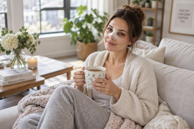 Woman with nasal bandages relaxing on couch holding tea in bright home living room.