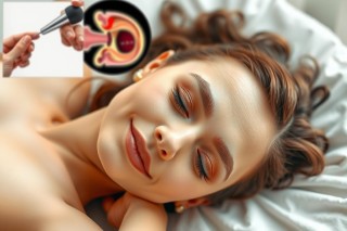 The image shows a woman lying down, possibly in a clinical setting. On the right side of her head, there is an image of a cervix with a smear test being done. The scene seems to be focused on medical procedures and patient examinations.