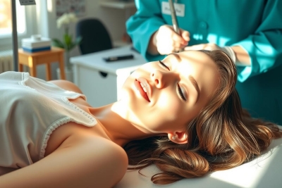 The image shows a woman lying on her back with her eyes closed, possibly undergoing a medical procedure. There is a person in the background: she appears to be holding instruments. The environment appears clinical and sterile, focusing on medical care or treatment.