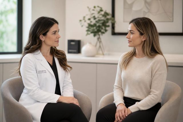 Doctor in white coat consulting a patient in a calm cosmetic clinic consultation room.
