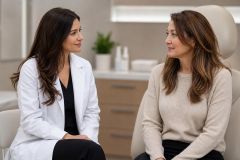 Doctor consulting patient in a calm clinic setting discussing cosmetic treatment options.