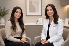 Patient consultation with cosmetic medicine specialist in modern clinic setting discussing treatment options.