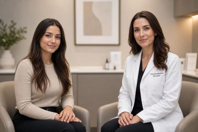 Patient consultation with cosmetic medicine specialist in modern clinic setting discussing treatment options.