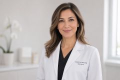 Smiling cosmetic medicine specialist in white coat in bright, calm clinical consultation room.