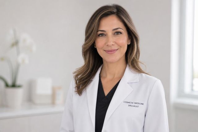 Smiling cosmetic medicine specialist in white coat in bright, calm clinical consultation room.