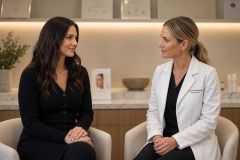 Patient consult in modern cosmetic clinic: doctor in white coat speaking calmly with patient.