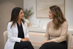 Doctor-patient consultation in a calm clinic discussing cosmetic procedure options and costs.