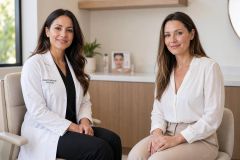 Two women in a cosmetic clinic consultation; doctor and patient seated, calm clinical setting.