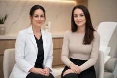 Cosmetic clinic consultation: doctor in white coat seated with patient in modern treatment room.