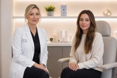 Cosmetic clinician and patient seated in calm consultation room discussing treatment options.