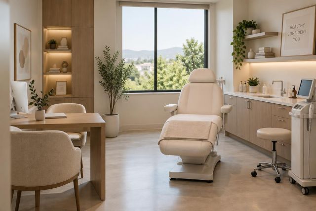 Bright modern cosmetic clinic room with treatment chair, desk, medical device, and window view.