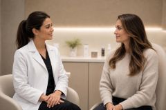 Clinician consulting a patient in a calm clinic room, discussing cosmetic treatment options and care.