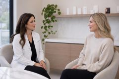 Doctor consulting with a patient in a calm, modern cosmetic clinic consultation room.