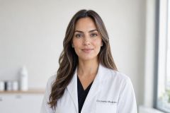 Female cosmetic clinician in white coat in bright clinic, presenting a professional trustworthy editorial portrait.