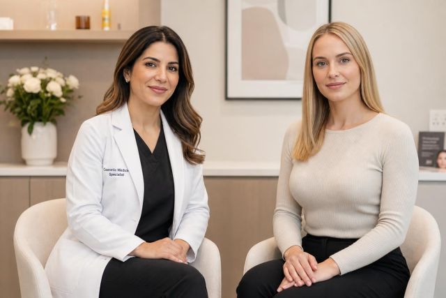 Doctor and patient seated in clinic consultation setting discussing cosmetic treatment options.