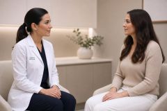 Clinician and patient seated in a calm cosmetic consultation room discussing treatment and travel costs.