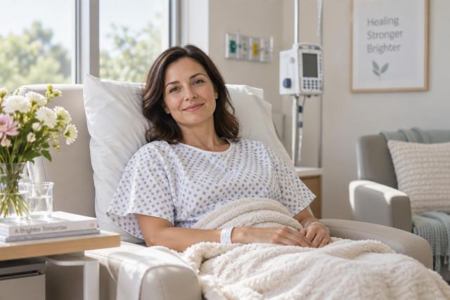 Woman resting in clinical recovery chair, hospital gown and IV pump visible, calm aftercare scene