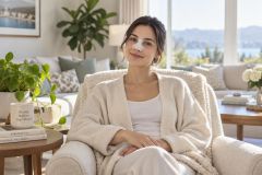 Young woman resting at home after rhinoplasty, wearing a nasal dressing in a cozy living room.