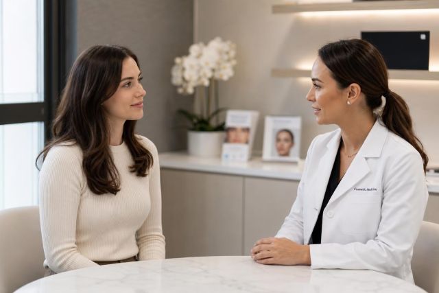Patient consult with cosmetic clinician in modern clinic discussing rhinoplasty cost and options.