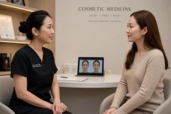 Clinic consultation between clinician and patient in cosmetic medicine office discussing treatment options.