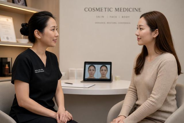 Clinic consultation between clinician and patient in cosmetic medicine office discussing treatment options.
