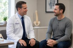 Doctor consulting a patient in an orthopedic clinic, spine model and medical poster visible.