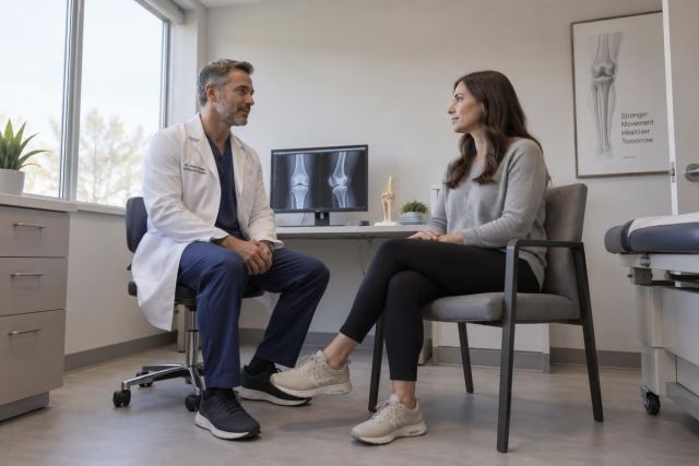 Orthopedic consultation in clinic with surgeon reviewing knee X-rays and speaking to patient