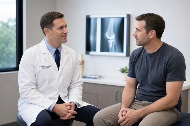Orthopedic specialist consulting with adult male patient in clinic, knee X-ray displayed behind.