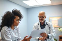 Doctor and patient discuss medical records in a clinic setting. The doctor, wearing a white coat, reviews paperwork with a female patient. Warm lighting and a professional environment.