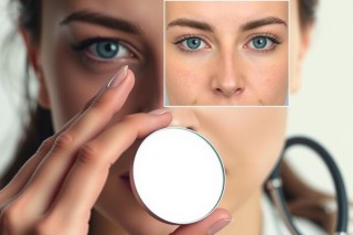 This image shows a close-up view of a woman's face, with her hands holding a device over the mouth area. The focus is on her eyes and lips, which are typical features associated with healthcare or cosmetics contexts. Her expression is neutral and she appears to be looking at something in her hands, possibly related to medical care or beauty treatment.
