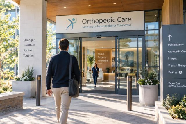 Patient walking toward orthopedic clinic entrance with clear wayfinding signage and receptionist visible.