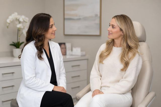 Doctor and patient in clinic consultation discussing cosmetic procedure options in calm exam room.